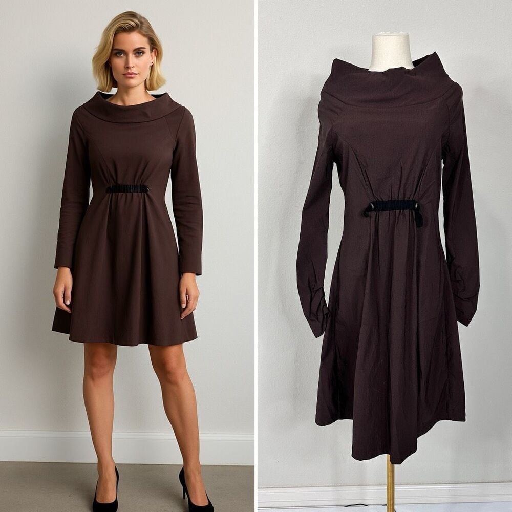 NOBLU Brown Cowl Neck Long Sleeve Dress S Avant Garde Minimalist Edgy Atomic